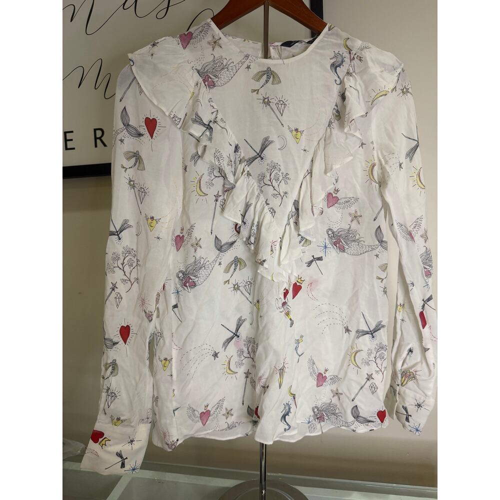 Zara Woman Whimsical Celestial Mermaid & Hearts Ruffle Blouse